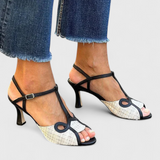 Iraida Zapato Peep-Toe Bicolor con T-Strap y Tacón Elegante y Estilizado