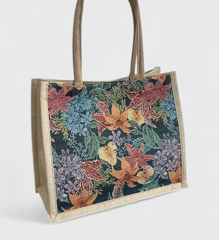 Bolsa de Yute con Estampado Floral y Diseño Ecológico - Perfecta para un Estilo Natural y Responsable
