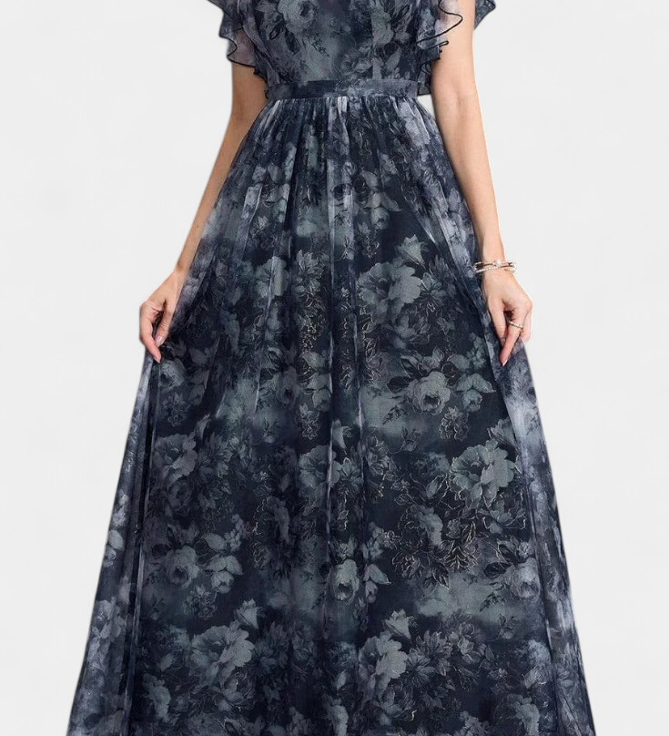 Elegante vestido largo de chifón con estampado floral y diseño aireado para un estilo sofisticado y cómodo