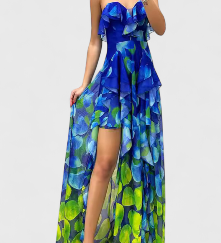 Andy Vestido Maxi Sin Mangas con Elegantemente Capas de Volantes y Detalle de Abertura Gradiente