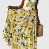 Huda Vestido Maxi con Estampado de Limones, Tirantes y Detalle de Abertura Lateral
