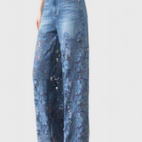 Jasiel Pantalón Palazzo de Encaje Denim con Detalles de Bordado Floral Elegantes