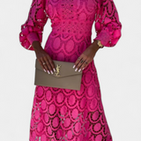 Elegante Vestido Midi de Encaje Lucinda con Mangas Farol y Cuello Alto para un look sofisticado