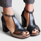 Vasilica Tacones Gruesos con Punta Abierta, Detalle Patchwork y Elegante Correa al Tobillo