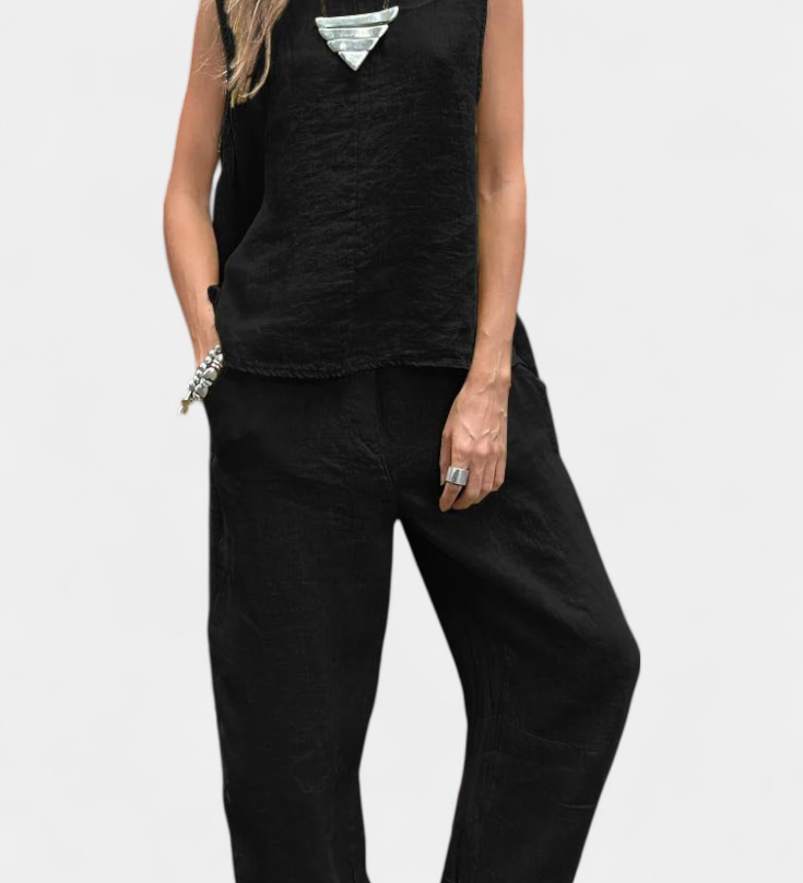 Elegante Conjunto de Chaleco y Pantalón Sin Mangas en Algodón y Lino para un Estilo Fresco y Confortable