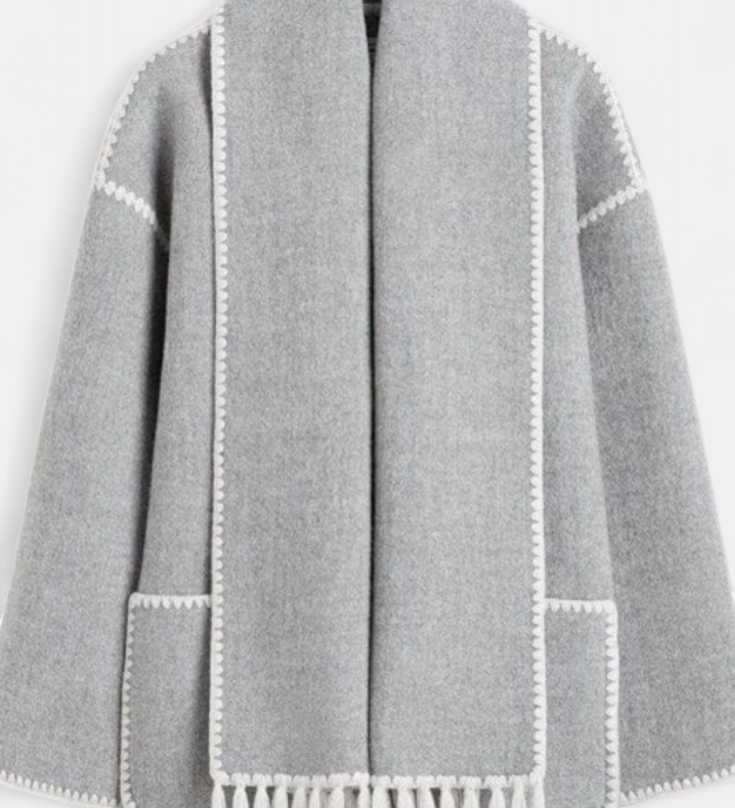 Pauline - Elegante abrigo de corte suelto con bufanda de flecos incorporada para un estilo sofisticado