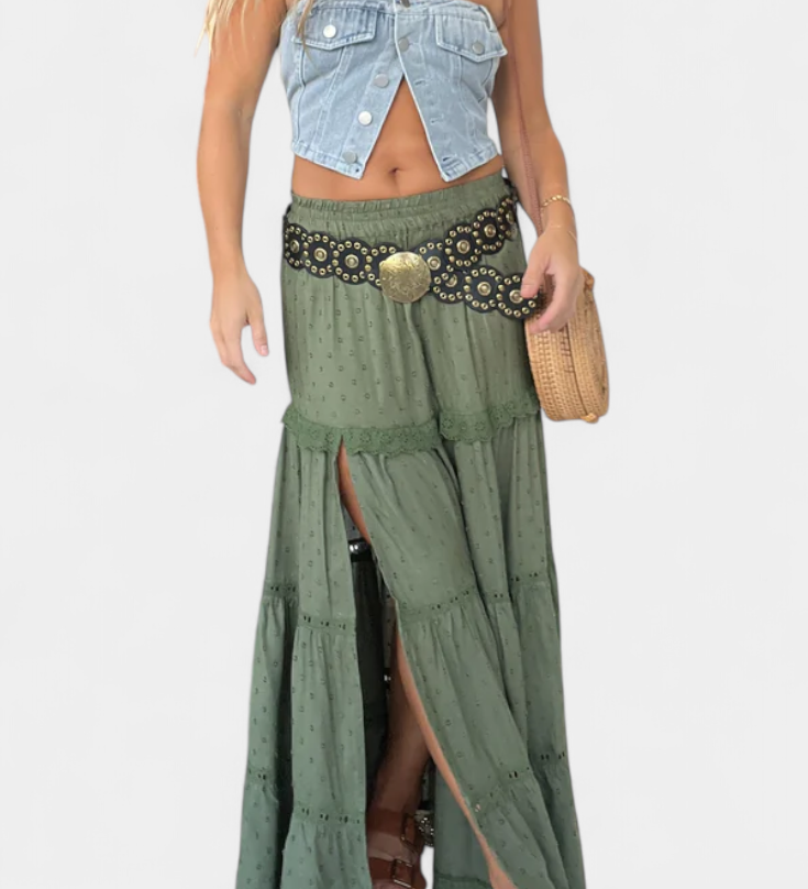 Dola Falda Maxi Boho con Encaje Elegante y Abertura Frontal para un Look Chic