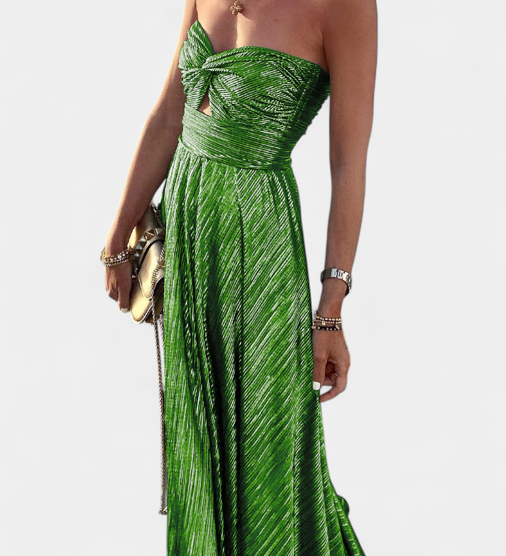 Vestido Largo Sin Tirantes en Tejido Metalizado de Onelia
