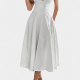 Elegante vestido midi Jacquard Gilda con espalda abierta y cintura alta