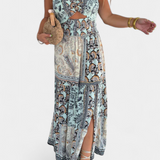 Elegante vestido largo estampado con escote palabra de honor de Edurne