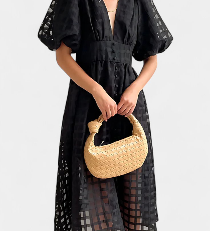 Vestido midi de manga abullonada con patrón de cuadros y detalle de caléndula