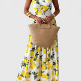 Huda Vestido Maxi con Estampado de Limones, Tirantes y Detalle de Abertura Lateral