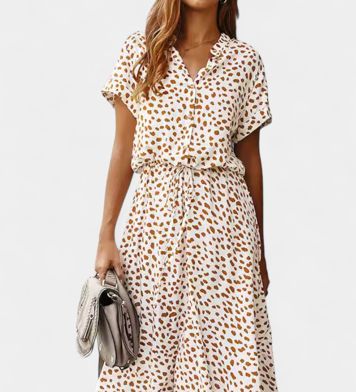 Rovena Vestido Midi de Lunares con Cuello Camisero y Cintura Ajustable - Elegancia y Comodidad para Cualquier Ocasión