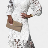 Elegante Vestido Midi de Encaje Lucinda con Mangas Farol y Cuello Alto para un look sofisticado