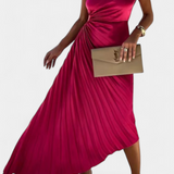 Elegante Leire Vestido de Cóctel Asimétrico con Aplique Floral y Falda Plisada para Destacar en Cada Ocasión