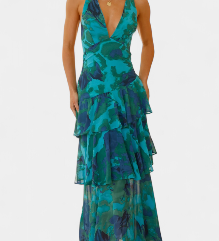 Domenica Elegante Vestido de Gasa con Escote en V y Capas Fluidas para un Look Sofisticado