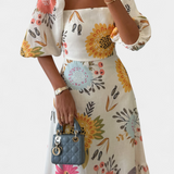 Kacey Vestido Midi de Algodón con Encantador Estampado Floral y Manga Abullonada