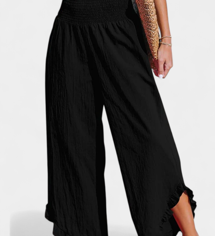 Elegante Pantalón Palazzo Justina con Volantes y Talle Alto para un Estilo Sofisticado