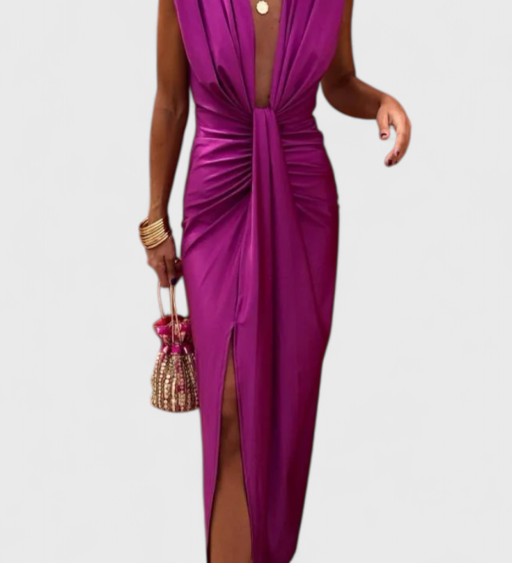 Elegante Vestido Midi Lakisha con Fruncido y Escote Profundo