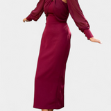 Julissa Vestido Midi Burdeos con Elegante Detalle Anudado y Encantadora Espalda Abierta