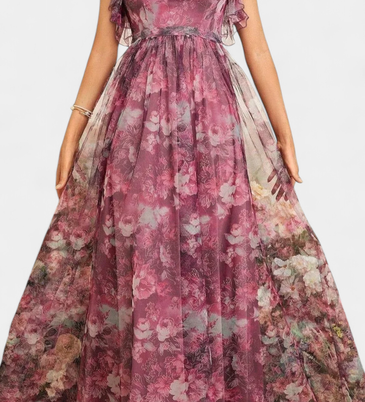 Elegante vestido largo de chifón con estampado floral y diseño aireado para un estilo sofisticado y cómodo