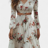Amanda Vestido Maxi Floral con Cuello en V y Mangas Largas - Elegancia y Comodidad para Cualquier Ocasión