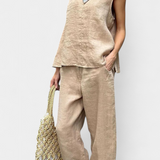 Elegante Conjunto de Chaleco y Pantalón Sin Mangas en Algodón y Lino para un Estilo Fresco y Confortable
