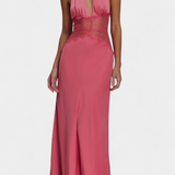 Elegante Vestido Largo Ashanty con Escote Halter y Detalles de Encaje Transparente en la Cintura