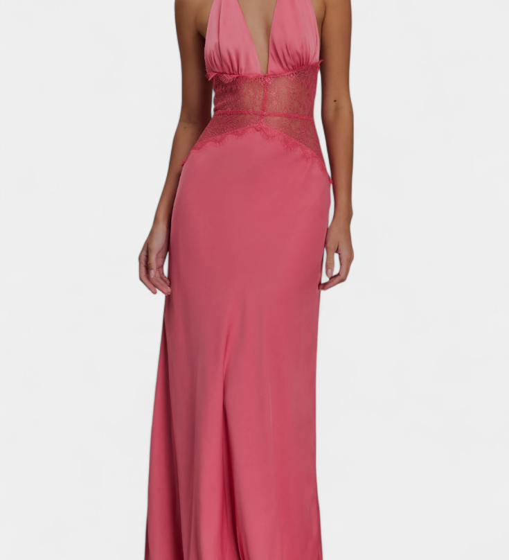 Elegante Vestido Largo Ashanty con Escote Halter y Detalles de Encaje Transparente en la Cintura