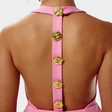 Yvonne Vestido Mini Halter con Escote en V, Espalda Abierta y Encantador Detalle Floral