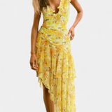 Ahria Bañador Entero con Estampado Floral y Lirios Amarillos + Vestido a Juego para un Look Elegante y Coqueto