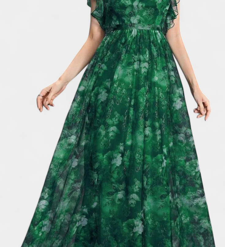 Elegante vestido largo de chifón con estampado floral y diseño aireado para un estilo sofisticado y cómodo