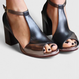 Vasilica Tacones Gruesos con Punta Abierta, Detalle Patchwork y Elegante Correa al Tobillo