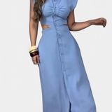 Vestido Midi Griselda con Botones y Diseño de Cintura Abierta para un Look Elegante y Moderno