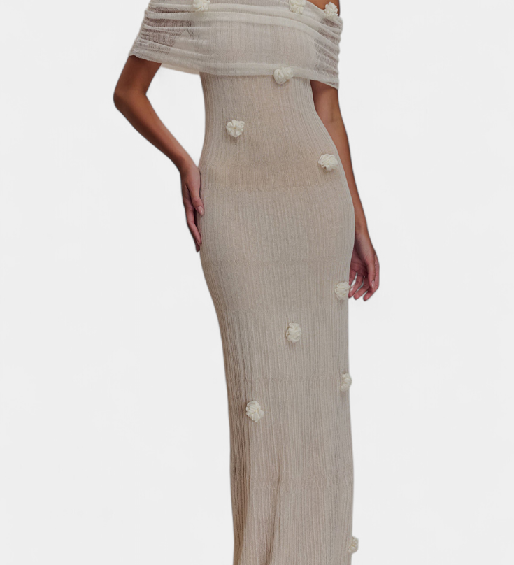 Barbara Vestido Maxi de Punto Off-Shoulder Elegante y Confortable