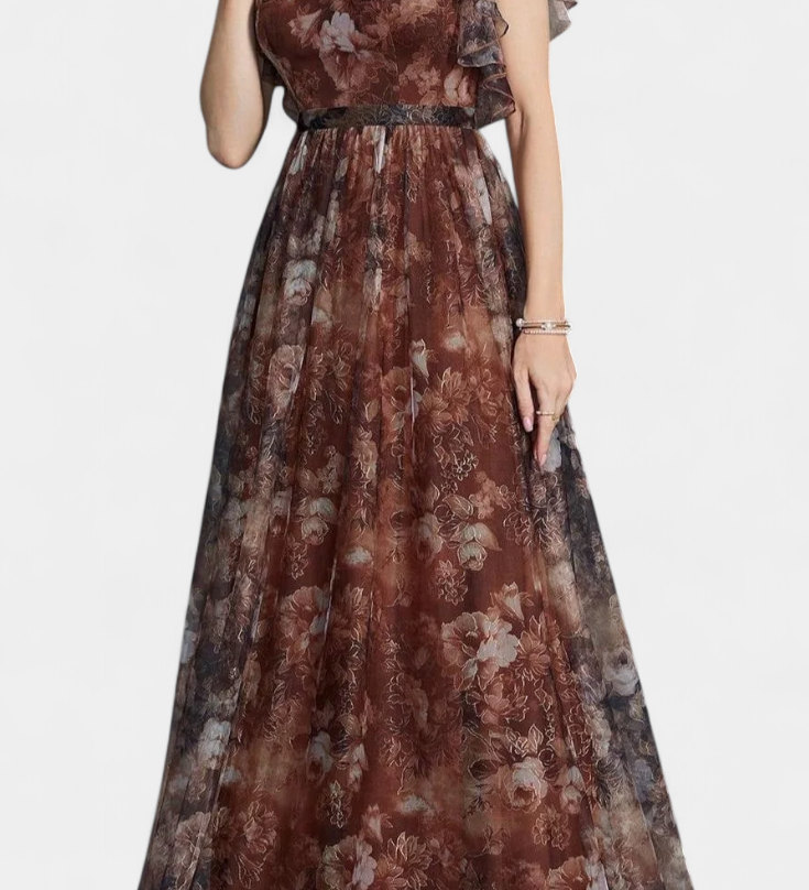 Elegante vestido largo de chifón con estampado floral y diseño aireado para un estilo sofisticado y cómodo