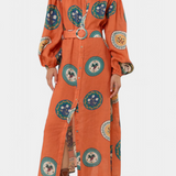Sibley Vestido Maxi de Lino con Estampado Exclusivo y Elegante Cinturón
