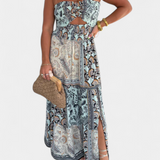 Elegante vestido largo estampado con escote palabra de honor de Edurne