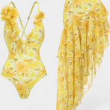 Ahria Bañador Entero con Estampado Floral y Lirios Amarillos + Vestido a Juego para un Look Elegante y Coqueto