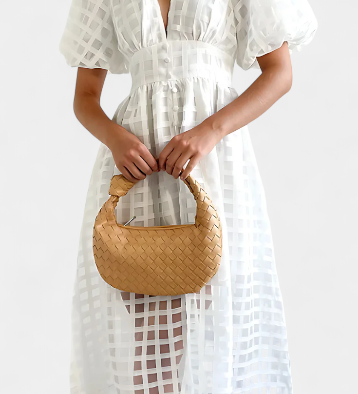 Vestido midi de manga abullonada con patrón de cuadros y detalle de caléndula