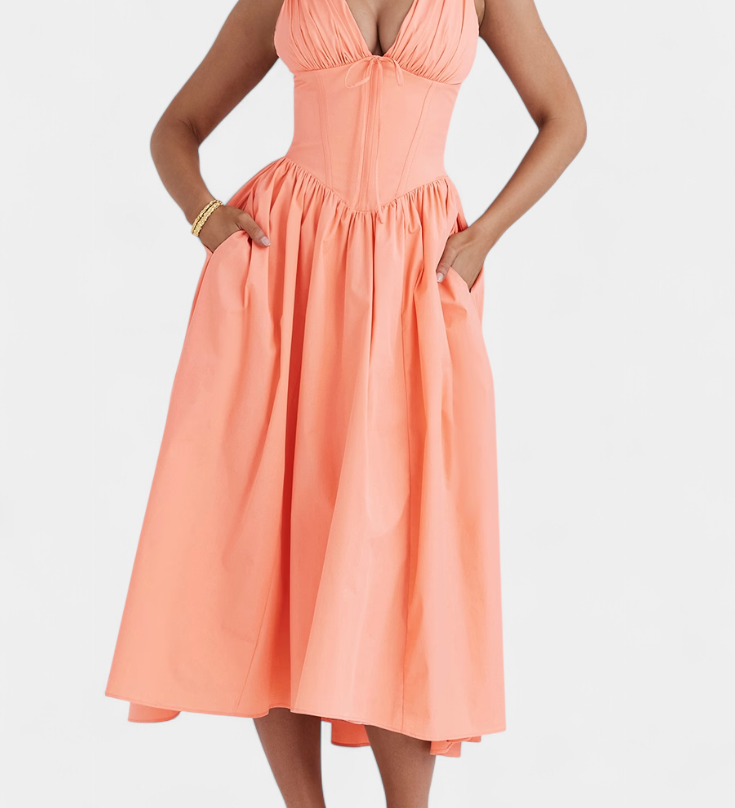 Vestido Midi Margie de Escote en V y Estampado Floral Romántico para un Look Elegante y Encantador