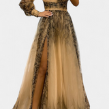 Becca Vestido Maxi de Chiffón con Diseño de Hombro Descubierto y Florerscentemente Voluminosa