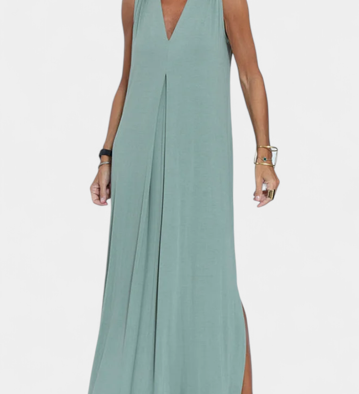 Vestido Maxi sin Mangas Felisa en Color Liso con Silueta Elegante