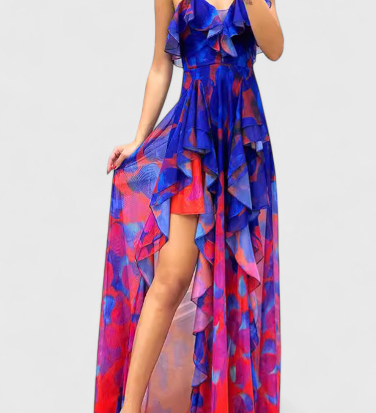 Andy Vestido Maxi Sin Mangas con Elegantemente Capas de Volantes y Detalle de Abertura Gradiente