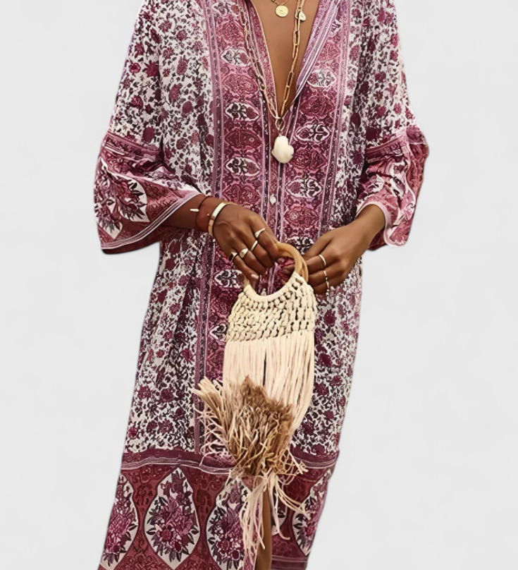 Vestido Largo Boho Chinara con Bordado Étnico y Estilo Relajado