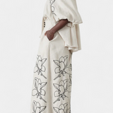 Helen Elegante Conjunto Floral con Pantalón Ancho y Manga Globo para un Estilo Confortable y Sofisticado