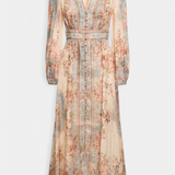 Vestido Maxi Acampanado Dorotila con Encantador Estampado Floral, Detalles de Botones y Elegantes Mangas Globo