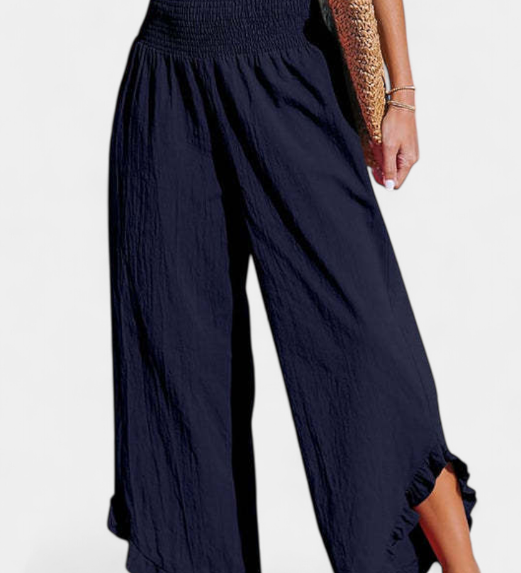 Elegante Pantalón Palazzo Justina con Volantes y Talle Alto para un Estilo Sofisticado