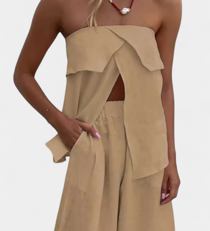 Conjunto Oriana sin Espalda con Falda Abotonada en Color Sólido para un Estilo Elegante