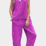 Elegante Conjunto de Chaleco y Pantalón Sin Mangas en Algodón y Lino para un Estilo Fresco y Confortable